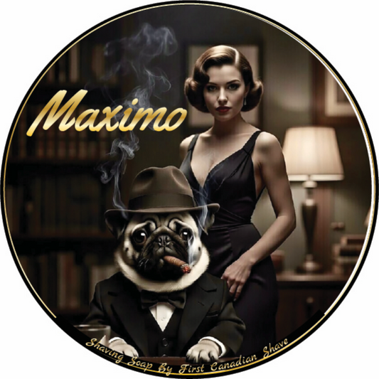 Circular product label with a woman, pug in suit, and 'Maximo' branding.