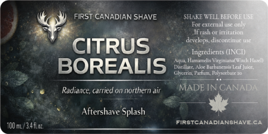 Aftershave label for 'Citrus Borealis' by First Canadian Shave with branding and product details.