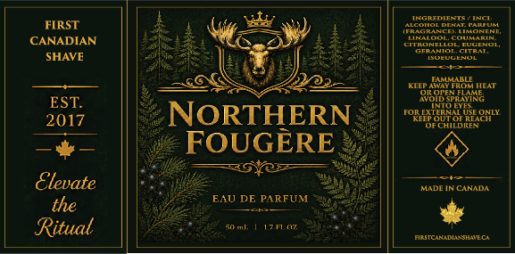 Front and side views of a Northern Fougére Eau de Parfum label, featuring a dark forest green background with ornate gold lettering, a moose head with a crown, pine trees, and maple leaf motifs.