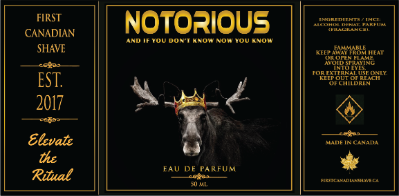 50ml perfume card packaging for 'Notorious' Eau de Parfum. The design features a black background with gold borders and text, and a central graphic of a moose wearing a gold crown.
