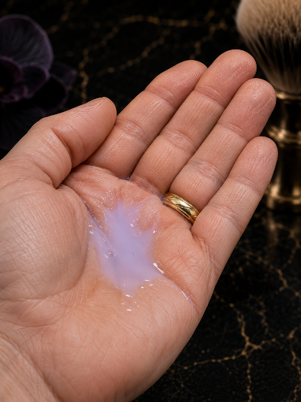 A close-up of a hand holding  translucent, light purple aftershave, with a gold ring on one finger, set against a dark marble background with a shaving brush partially visible.