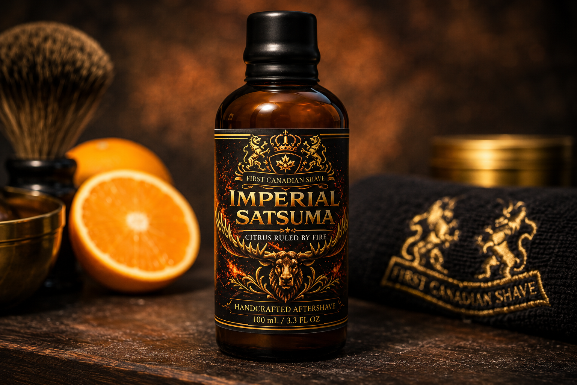A bottle of First Canadian Shave Imperial Satsuma  aftershave  stands on a rustic wooden surface. The amber glass bottle has a black wax sealed cap and a black label with gold detailing.